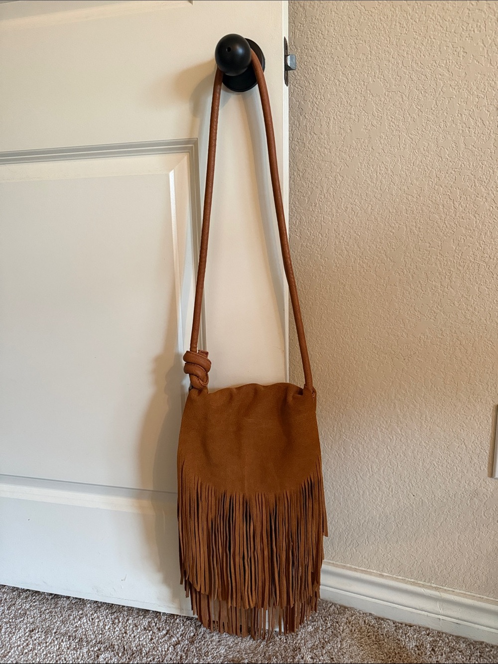 Moda Luxe Tan Fringe Crossbody Bag with Knotted Strap